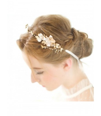 FAYBOX Gold Leaf Themed Crystal Pearl Bridal Headband Wedding Hair Accessories - CS12BCTF383