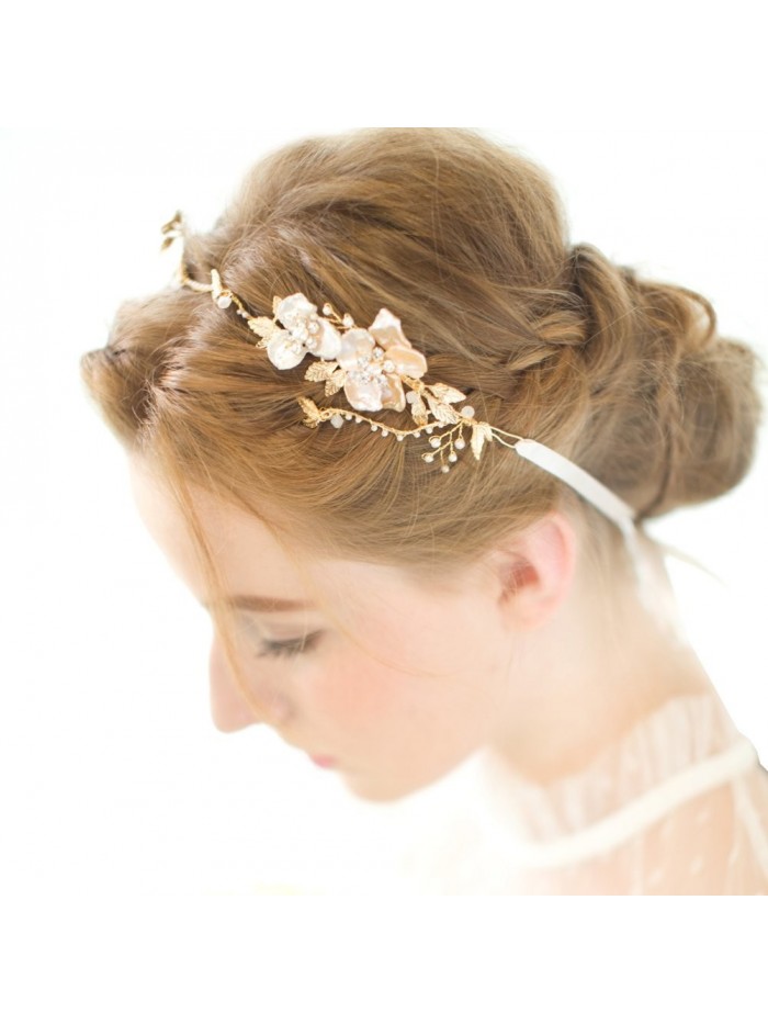 FAYBOX Gold Leaf Themed Crystal Pearl Bridal Headband Wedding Hair Accessories - CS12BCTF383