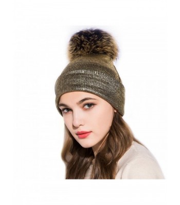 GZHILOVINGL Womene's Metallic Beanie With Big Fur Pom Pom- Double Deck Spring Hat - Gold - CP1892QOKZI