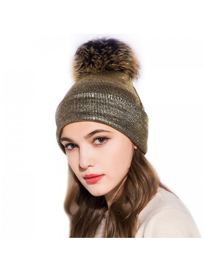 GZHILOVINGL Womene's Metallic Beanie With Big Fur Pom Pom- Double Deck Spring Hat - Gold - CP1892QOKZI