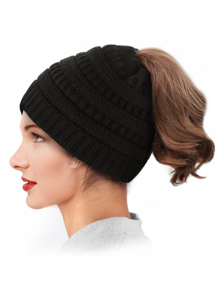 YEENOR Women Ponytail Beanie Hats Winter Soft Knit Warm Hat High Bun Beanie Tail Cap - Black - CU187AO9YQY