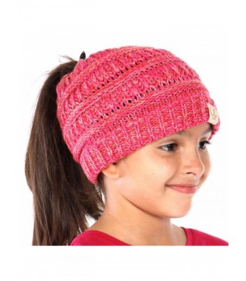 Plum Feathers Beanie Tail Kids Soft Stretch Cable Knit Messy High Bun Ponytail Beanie Hat - Tri Color Pink - CC188DQOGCZ