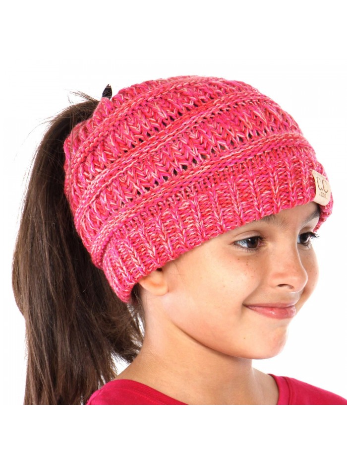 Plum Feathers Beanie Tail Kids Soft Stretch Cable Knit Messy High Bun Ponytail Beanie Hat - Tri Color Pink - CC188DQOGCZ