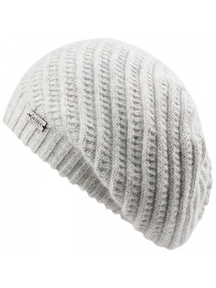 FURTALK French Beret Knit Hat Angora Wool Winter Beanie Cap Real Fur Pom Pom Hats Original - Light Grey - CM184XRZEZS