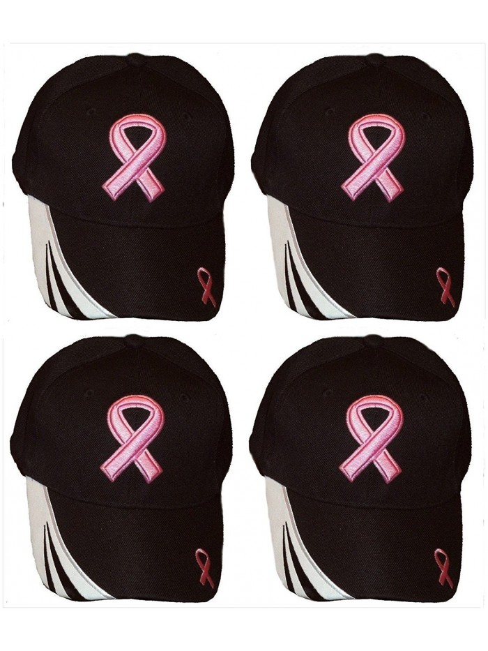 Set Of 4 Breast Cancer Awareness Pink Ribbon Baseball Caps Hats / Pink on Black - CZ11PUVWOZ5