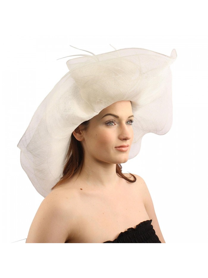 Summer Kentucky Derby 6-1/2" Brim Layer Floppy Rose Floral Feathers Hat - White - CV11UK69TI5