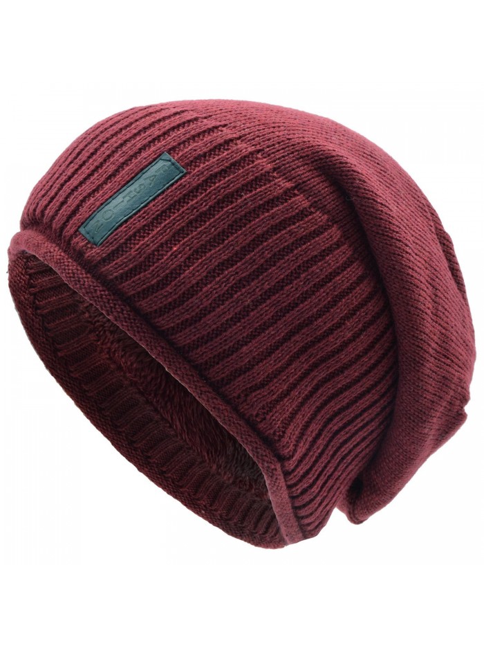 UPhitnis Warm Knit Hat For Men & Women- Soft Long Loose Winter Hat With Hemming and Wool Inner - Red - CS186OZXGDM