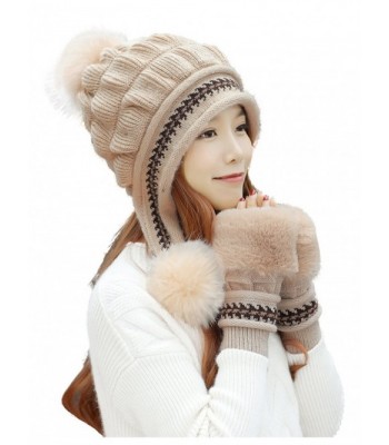 Bellady Women Winter Crochet Knit Ski Warm Beanie Pom Ball Hat - Hat Glove Set_beige - C1188KLXS8M