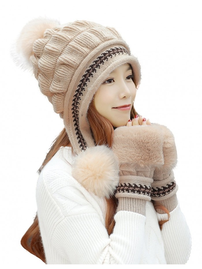 Bellady Women Winter Crochet Knit Ski Warm Beanie Pom Ball Hat - Hat Glove Set_beige - C1188KLXS8M