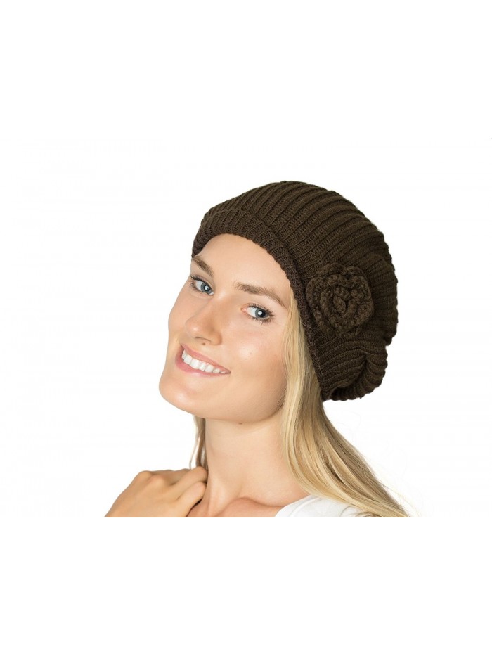 Accessory Necessary AN - Womens Fall Winter Ribbed Knit Beret Double Layers With Flower - Brown - CR126OIA2ZZ