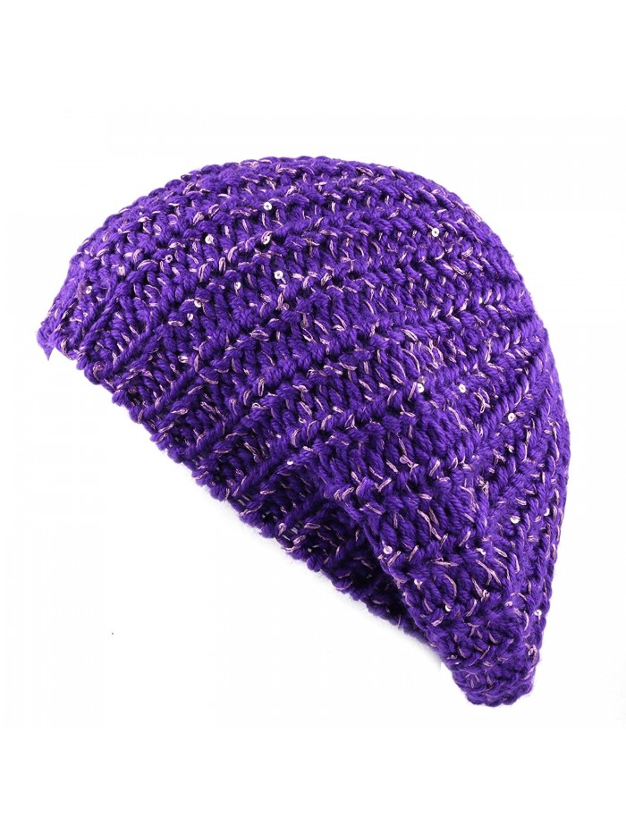 The Hat Depot 700hat51 Sequin Knit Beret Tam One Size Hat - Purple2 - CU12DR229RB