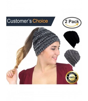 Cupid BeanieTail Soft Stretch Cable Knit- Messy High Bun Ponytail Beanie Headband - Black - White - CJ189XHRO0D