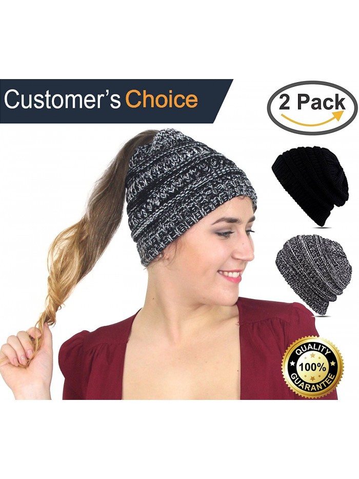 Cupid BeanieTail Soft Stretch Cable Knit- Messy High Bun Ponytail Beanie Headband - Black - White - CJ189XHRO0D