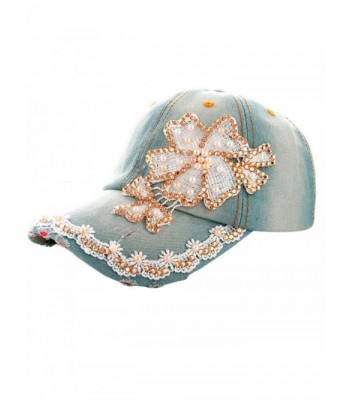 Highpot Women Lace Denim Rhinestone Baseball Cap Floral Snapback Flat Hat - Blue - CX182HNZXZ7