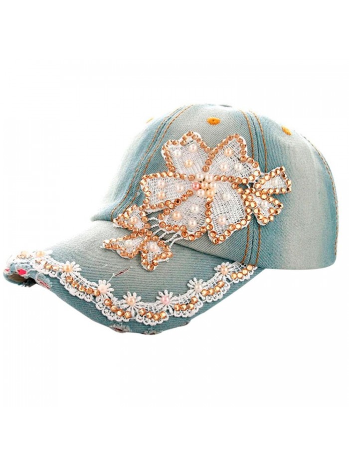 Highpot Women Lace Denim Rhinestone Baseball Cap Floral Snapback Flat Hat - Blue - CX182HNZXZ7