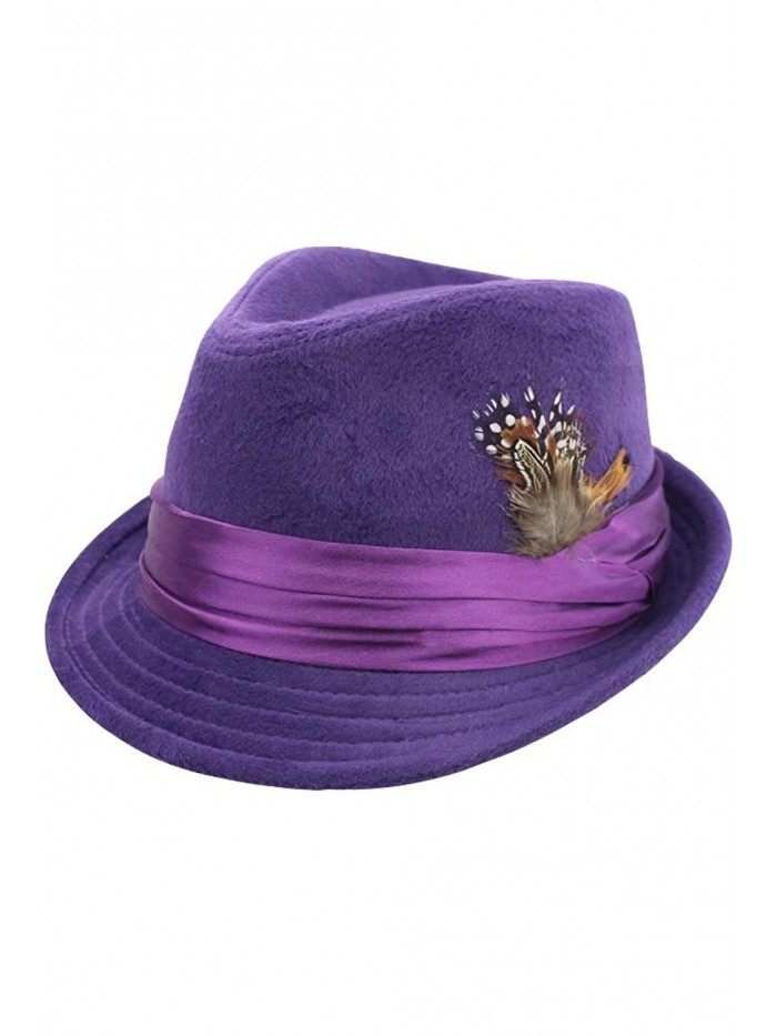 Luxury Divas Purple Wool Felt Fedora Hat With Feather Trim - CT17YLQT78G