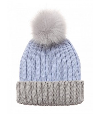 MIRMARU Women's Winter Two-Tone Rib Knitted Ski Cuff Beanie Hat With Pom Pom. - Blue - CU186Y59HN2