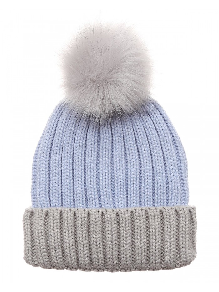 MIRMARU Women's Winter Two-Tone Rib Knitted Ski Cuff Beanie Hat With Pom Pom. - Blue - CU186Y59HN2