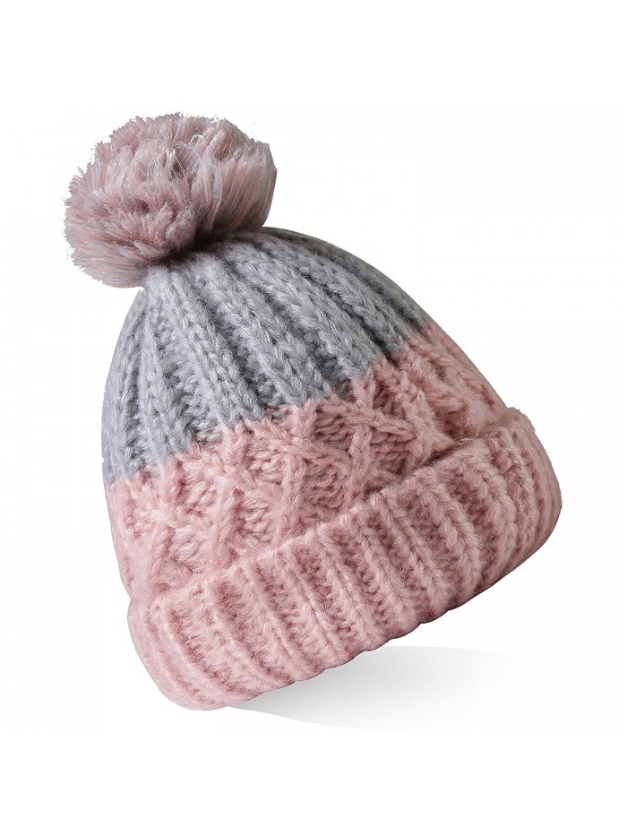 Boncy Women's Winter Hand Knit Pompoms Beanie Hat Ski Cap - Grey/Pink - CH17YZ239IU