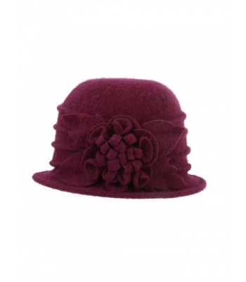 Prefe 1920s Gatsby Womens Flower 100% Wool Warm Beanie Bow Hat Cap Crushable - Wine Red - CO188KAQLK8