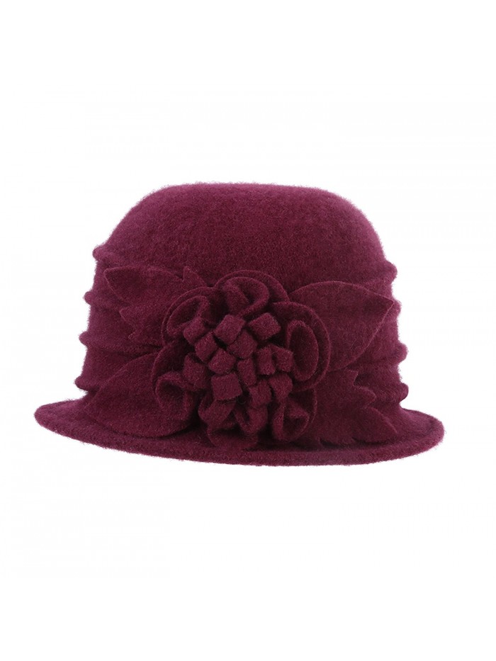 Prefe 1920s Gatsby Womens Flower 100% Wool Warm Beanie Bow Hat Cap Crushable - Wine Red - CO188KAQLK8