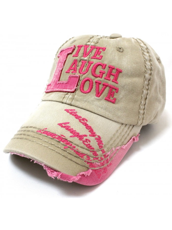 Khaki Vintage Cap w/Barbie Pink Live Laugh Love Patch Embroidery Details - CY185W4Y4ZR