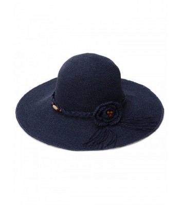 SIGGI Womens Hand-Crocheted Straw Floppy Sun Hat Foldable UPF Beading Decoration - 89035_navy - CX17YGEETD8