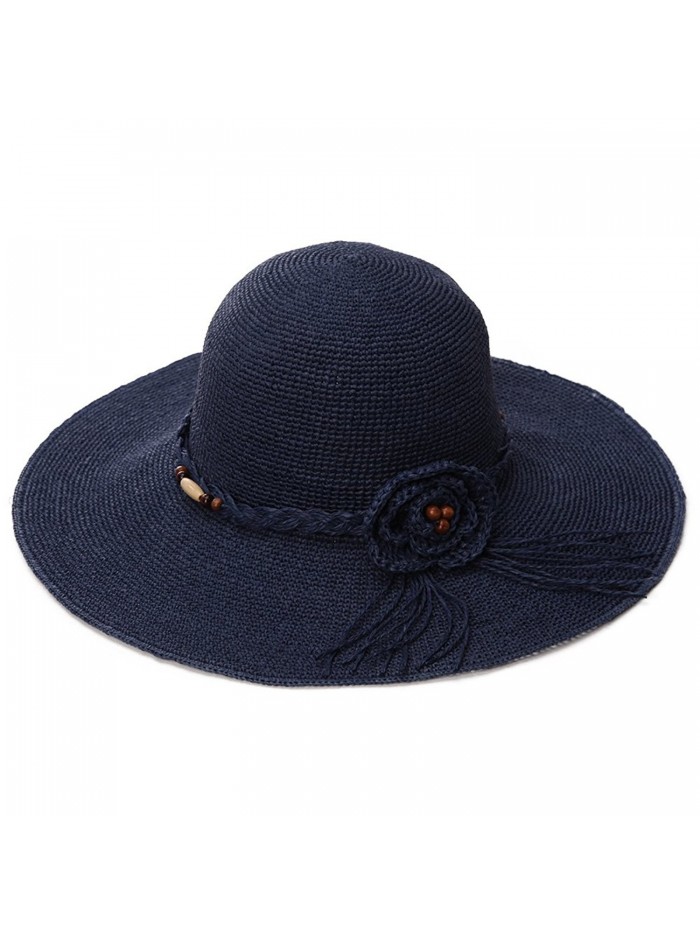 SIGGI Womens Hand-Crocheted Straw Floppy Sun Hat Foldable UPF Beading Decoration - 89035_navy - CX17YGEETD8