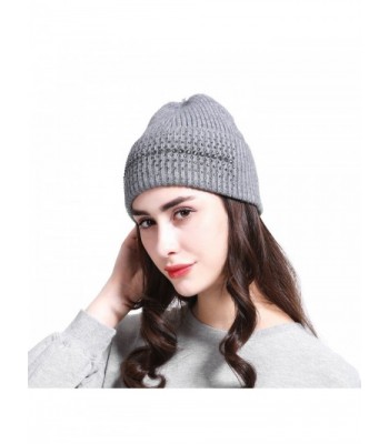 JOOWEN Women's Wool Knit Fold Over Beanie Embellished with Rhinestones Winter Hat - Grey - C9187GOEH3D