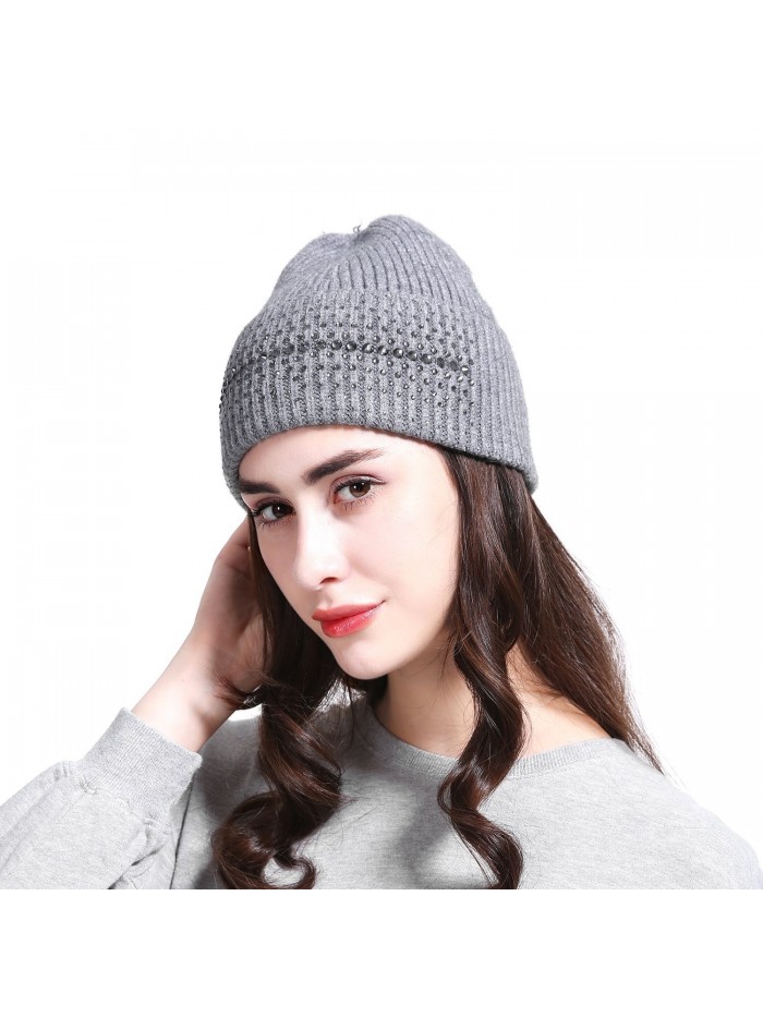 JOOWEN Women's Wool Knit Fold Over Beanie Embellished with Rhinestones Winter Hat - Grey - C9187GOEH3D