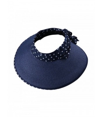 Aerusi Girl Lady Foldable Polka Dot Ribbon Straw Wide Brim Floppy Sun Hat Visor - Navy Blue - CZ12GZSBG4L