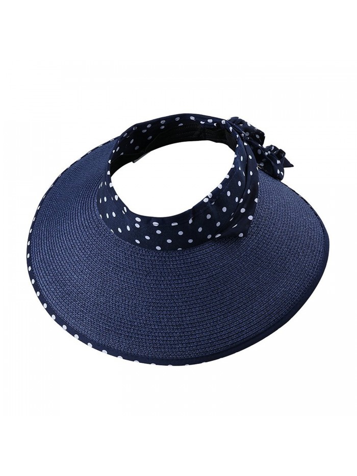 Aerusi Girl Lady Foldable Polka Dot Ribbon Straw Wide Brim Floppy Sun Hat Visor - Navy Blue - CZ12GZSBG4L