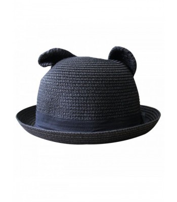 Women's Cute Cat Ear Round Top Bowler Straw Sun UV Summer Beach Roll-up Hat Cap - Black - CH12FK8AICR