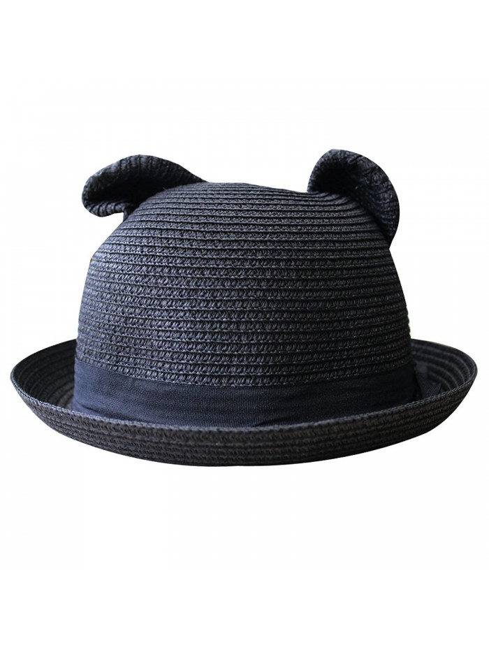 Women's Cute Cat Ear Round Top Bowler Straw Sun UV Summer Beach Roll-up Hat Cap - Black - CH12FK8AICR