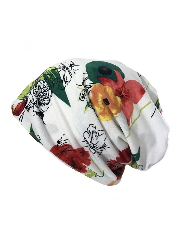 Qiabao Women's Floral Printed Chemo Cap Hat Slouchy Beanie - White/Red - C117AZ8Y5EA