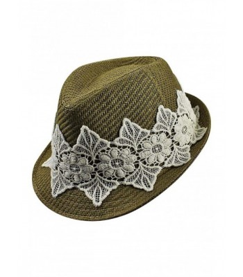 Luxury Divas Olive Woven Straw Fedora Hat With White Lace Band - CM12CM4GLN3