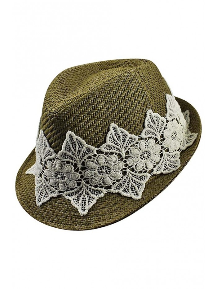 Luxury Divas Olive Woven Straw Fedora Hat With White Lace Band - CM12CM4GLN3