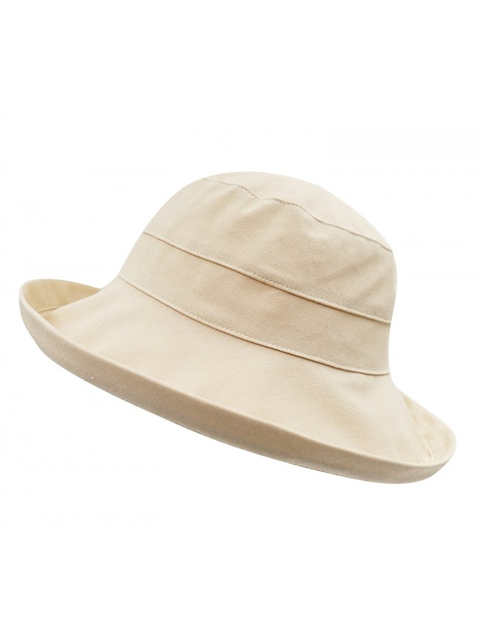 Connectyle Women's Summer Wide Brim Cotton Bucket Sun Hat With Inner Drawstring - Khaki - CN182ZM7U72