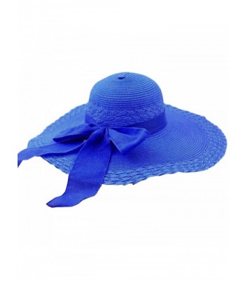 Tobey Women's Self Tie Bowk Wide Brim Summer Beach Straw Hat Cap Visor - Royal Blue - C011KLHC0U7