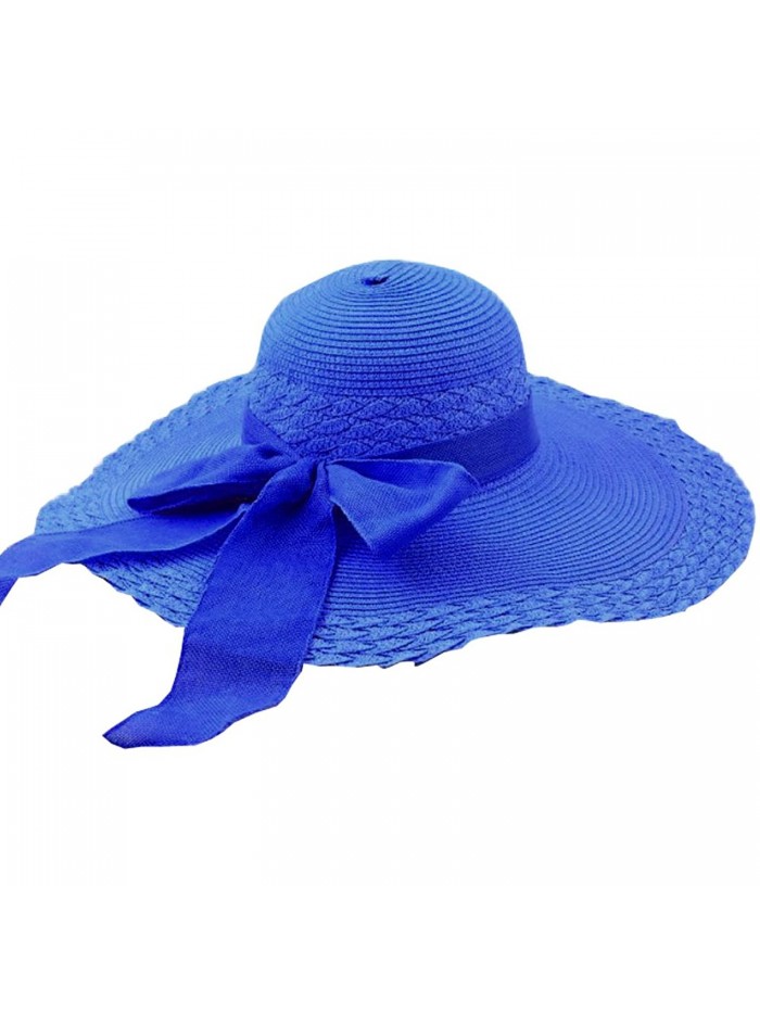 Tobey Women's Self Tie Bowk Wide Brim Summer Beach Straw Hat Cap Visor - Royal Blue - C011KLHC0U7