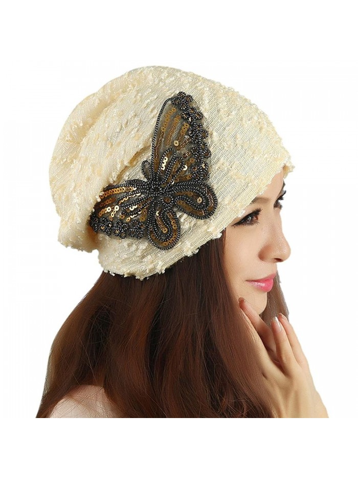 DEESEE Beanie Hat Winter hat Lace Butterfly Lady Skullies Turban Cap - Beige - C412MZL1LGG