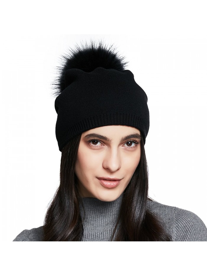 YINONIY Women's Winter Cotton Knitted Beanie Cap With Pom Pom - Black - C3185GZD7UL