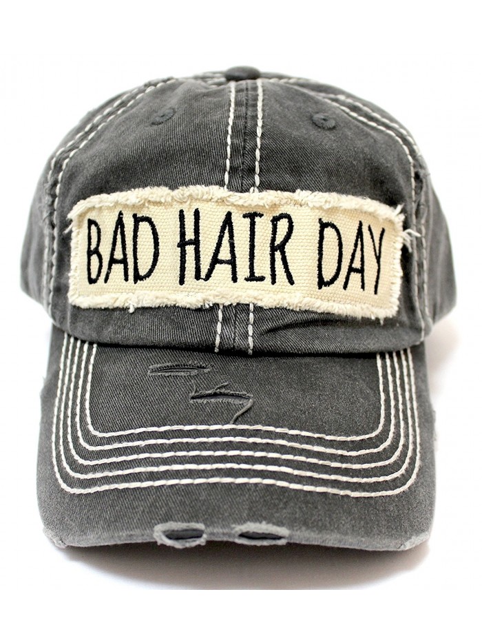Black "BAD HAIR DAY" Embroidery Patch on Distressed Vintage Cap w/ "BAD HAIR DAY" BACK - C317YK0MDL3
