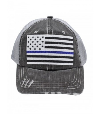 Thin Blue Line American Flag Police Wife Mom Women Glittering Distressed Trucker Style Cap Hat - CG17Z4L4EU5