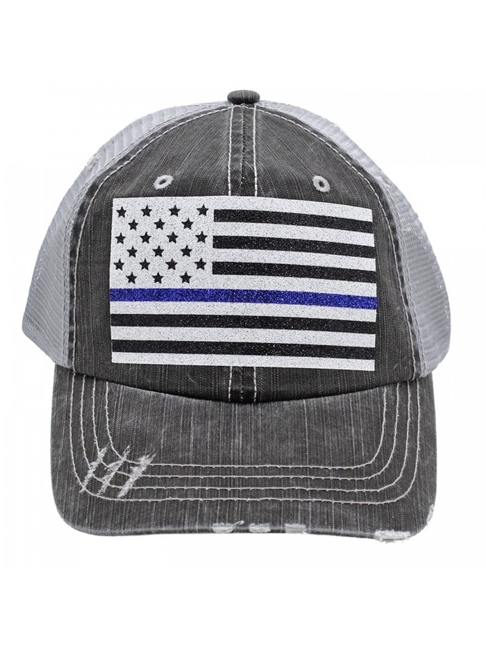 Thin Blue Line American Flag Police Wife Mom Women Glittering Distressed Trucker Style Cap Hat - CG17Z4L4EU5