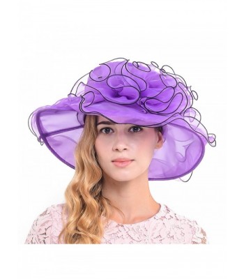 Fanny S037-pp Elegant Ladies Church Wedding Dress Derby Hat Floral Feather Wide Brim Organza Hat - S019-purple - CE12EG5KJB1