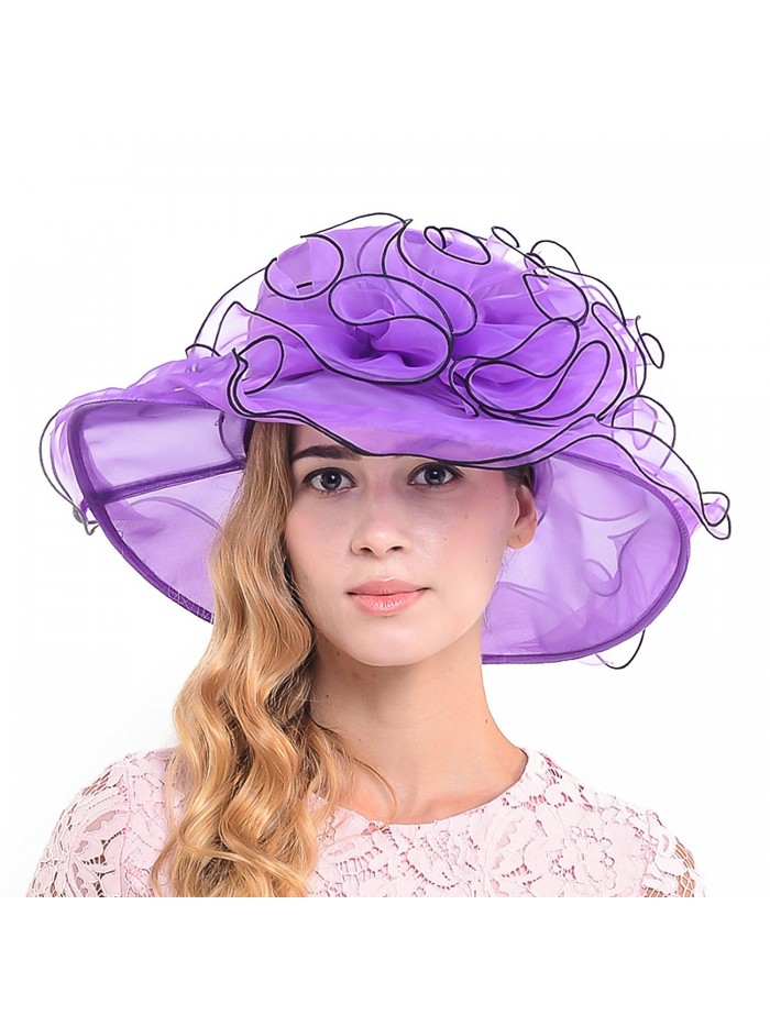 Fanny S037-pp Elegant Ladies Church Wedding Dress Derby Hat Floral Feather Wide Brim Organza Hat - S019-purple - CE12EG5KJB1