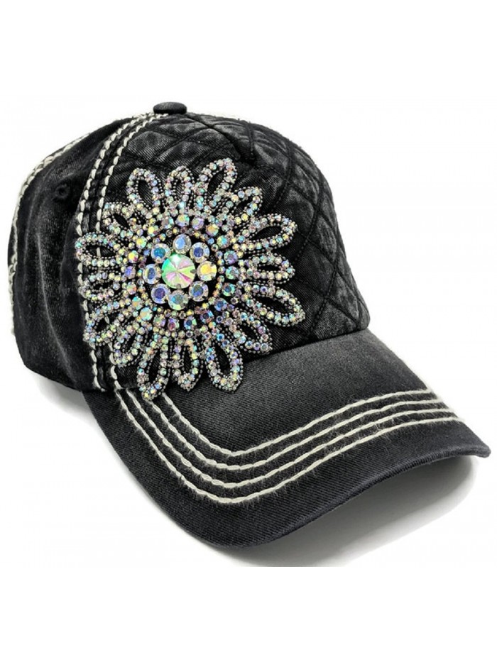 Olive & Pique Women's Womens Iridescent Rhinestone Flower Quilted Baseball Cap - Black - C912NUCD5B3