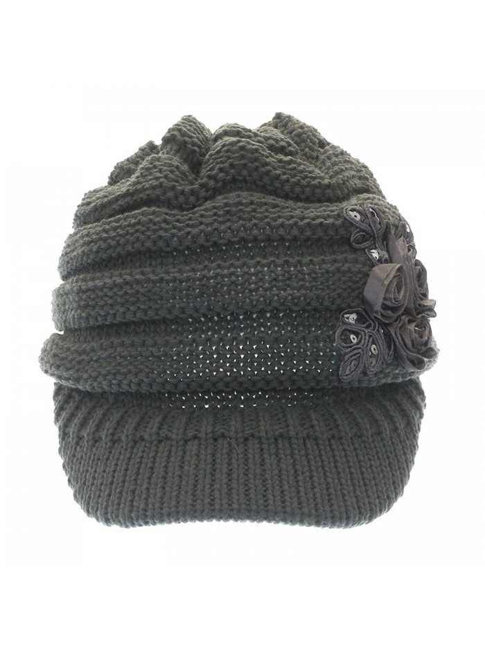 Women's Knit Newsboy Hat with Satin Flower - Charcoal Grey - CW11OLQIRHT