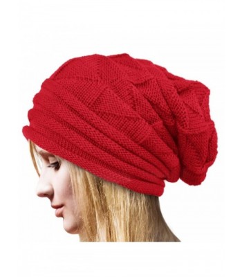 AutumnFall Women's Winter Beanie Knit Crochet Ski Hat Oversized Cap Hat Warm (Red - Polar Fleece Lining) - CP12NZV0WZR